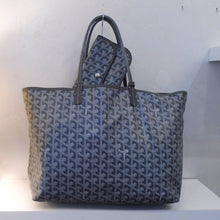 Load image into Gallery viewer, This Goyard Dark Gray/Light Gray Saint Louis PM With Snap Wallet has dark gray trim which includes the snap wallet that is attached to the inside of the bag. The interior of this bag is a soft cream.