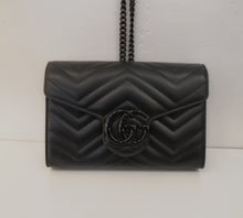 Load image into Gallery viewer, This Gucci Vintage Black Chevron WOC has Brass/Ceramic Hardware. It has the chevron wave design and the interior of this bag is black.