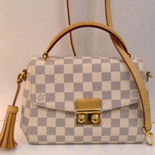 Load image into Gallery viewer, This Louis Vuitton Vintage Damier Azur Croisette has camel trim and gold hardware. It has a carrying handle with a detachable crossbody strap included. The clasp has two gold buttons which unlocks by pressing together.
