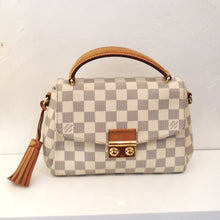Load image into Gallery viewer, This Louis Vuitton Vintage Damier Azur Croisette has camel trim which includes a carrying handle and side tassel. It has gold hardware and pink interior with an inside pocket.