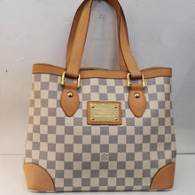 Load image into Gallery viewer, This Louis Vuitton Vintage Damier Azur Hampstead PM has camel trim which includes corner protectors and backing for the Louis Vuitton front plaque. It has double carrying handles and cream interior.