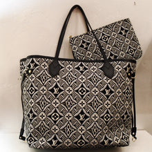 Load image into Gallery viewer, This Louis Vuitton Vintage Fabric Since 1854 Neverfull MM with Pouch is a replica of the original monogram pattern from 1854. This monogram pattern is in black and white with black trim. It also includes a pochette which has the same pattern. The interior of this bag is soft black.