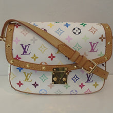 Load image into Gallery viewer, This Louis Vuitton Vintage Limited Edition Multi Murakami Sologne is white with multicolored monogram and camel trim. It has a shoulder strap and camel trim. The interior of this bag is purple and the underside flap does have some marks.