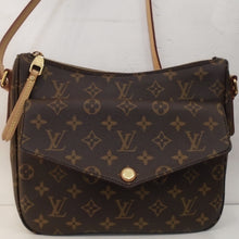 Load image into Gallery viewer, This Louis Vuitton Vintage Monogram Mabillon Shoulder Bag has a zippered top opening and front pouch with snap opening. The camel shoulder strap is adjustable but not detachable. This bag has a plumb brown interior.