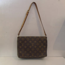 Load image into Gallery viewer, This Louis Vuitton Vintage Monogram Musette Tango is in the original Louis Vuitton Monogram pattern. It has camel trim, a shoulder strap and the interior of this bag is brown.
