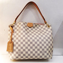 Load image into Gallery viewer, This Louis Vuitton Vintage Damier Azur Graceful PM has camel trim and gold hardware. It has a leather key holder attached to the front of the bag. The interior of this bag is ballerina pink.
