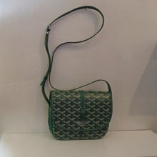 Load image into Gallery viewer, This Goyard Belvedere PM Crossbody Messenger has silver hardware and a crossbody strap. It is in the original Goyard Pattern in shades of green and has an orange interior.

