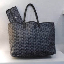 Load image into Gallery viewer, This Goyard Gray Saint Louis PM is gray and black with gray trim. It has a pouch included with the bag in the same design. The interior of this bag is  white. 
