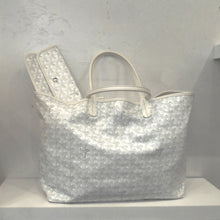 Load image into Gallery viewer, This Goyard White/Gray Saint Louis Tote PM is white with the Goyard print in Gray. It has cream trim and has a pouch in the same design and trim. The interior of this bag is white.
