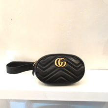 Load image into Gallery viewer, This Gucci Vintage Belt Bag is black and has the Chevron design on the bag. It has a zippered opening, the Gucci logo in gold and an adjustable black belt.
