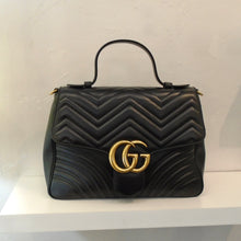 Load image into Gallery viewer, This Gucci Vintage Marmont Top Handle/Crossbody  has the chevron pattern and has a heart on the back of the bag. The interior of this bag is light brown.
