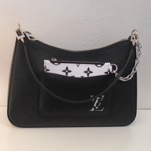 Load image into Gallery viewer, This Vintage Louis Vuitton Black And White Epi Marelle has a front pocket with the Louis Vuitton logo in silver. Inside the pocket is a zippered change purse which is white with black monogram print. It has two black detachable straps and the interior of this bag is pink.
