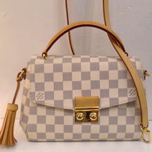 Load image into Gallery viewer, This Louis Vuitton Vintage Damier Azur Croisette has camel trim and gold hardware. It has a carrying handle with a detachable crossbody strap included.  The clasp has two gold buttons which unlocks by pressing together.
