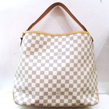 Load image into Gallery viewer, This Louis Vuitton Vintage Damier Azur Delightful MM has camel trim and gold hardware. The interior of this bag is pink with purple verticle lines.
