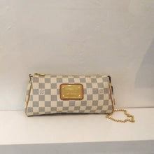 Load image into Gallery viewer, This Louis Vuitton Vintage Damier Azur Eva Pochette is in the Damier Azur colors and original Louis Vuitton pattern. It has a gold Louis Vuitton Plaque on the front of the bag. This bag has both a shoulder leather strap and shoulder chain. The interior of this bag is beige.
