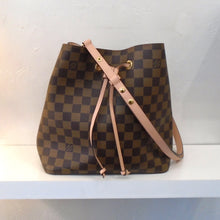 Load image into Gallery viewer, This Louis Vuitton Vintage Damier Ebene NeoNoe has pink Trim and gold hardware. The shoulder strap is adjustable and detachable. The interior is a light pink.
