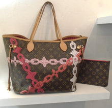 Load image into Gallery viewer, This Louis Vuitton Vintage Limited Edition Bay Print Monogram Neverfull MM has the original Louis Vuitton Monogram Pattern. It also has large chains printed on the bag in the colors of light pink, dark pink, coral and white. It has double shoulder straps and trim in camel. This bag comes with a pochette with the original monogram print and dark pink along the zipper's edge. The interior of this bag is dark pink with dark straight lines.
