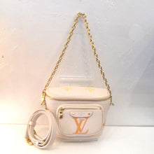 Load image into Gallery viewer, This Louis Vuitton Vintage Mini Bumbag is a cream color with the Louis Vuitton Logo in orange on the front of the bag. It includes a gold chain and leather strap, both removable. It also has two yellow flowers on the top zippered opening. There is also a front zippered pouch.
