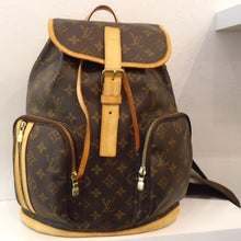 Load image into Gallery viewer, This Louis Vuitton Vintage Monogram Bosphore Backpack has camel trim, a leather drawstring top enclosure and two front zippered pockets. One of the zippered pockets also has an additional side zipper for easy access.
