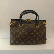 Load image into Gallery viewer, This Louis Vuitton Vintage Monogram &amp; Black Pallas PM has the original Louis Vuitton monogram pattern on the bag. It has a double headed zipper in the center section with inside pockets on both front and back of the bag. This bag has double black carrying handles, a detachable shoulder strap and gold hardware. The interior of this bag is black.
