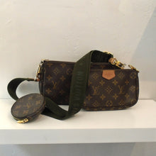 Load image into Gallery viewer, This Louis Vuitton Vintage Monogram Pochette Accessoires is a large Pochette, a small Pochette and a round coin purse all in the original monogram pattern and color. It has both a shoulder chain and a Louis Vuitton guitar strap.
