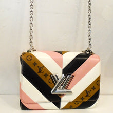 Load image into Gallery viewer, This Louis Vuitton Vintage Monogram/Reverse Epi Twist has the color of pink, white, black and brown in alternating colors in the chevron design with the monogram pattern on the brown. It has the Louis Vuitton logo as the front latch in silver along with a silver shoulder chain. The interior of this bag is light pink..
