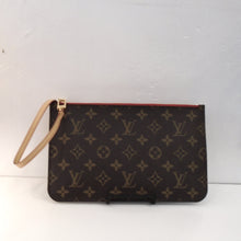 Load image into Gallery viewer, This Louis Vuitton Vintage Pochette Pouch is in the original monogram pattern with camel trim. It has a top zipper with a leather loop attached to it. The interior of this pouch is red with black stripes.
