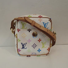 Load image into Gallery viewer, This Louis Vuitton Vintage White Monogram Murakami Rift Camera Bag has the large Louis Vuitton Monogram in different colors on a white background.  It has camel trim which includes the strap. The interior of this bag is burgundy.
