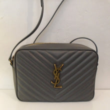 Load image into Gallery viewer, This YSL Loulou Dark Grey Camera Bag has the Chevron design. It has gold hardware which includes the YSL logo on the front of the bag. This bag has an outside back pocket and the interior is black.
