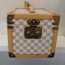 Load image into Gallery viewer, This Louis Vuitton Vintage Damier Azur Vanity Trumk has camel trim and gold hardware. It comes with a key and inside wooden case. The inside also contains a guard for three bottles to stand upright.
